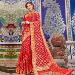 Elegant Red Colored Festive Wear Woven Handloom Silk Saree - Peachmode