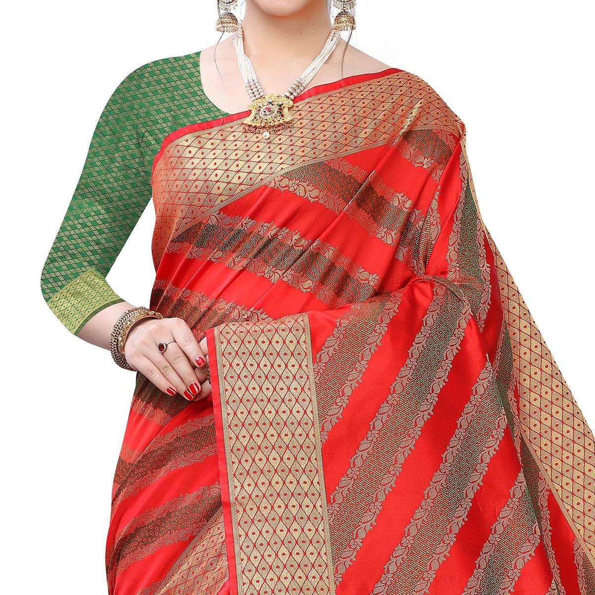 Elegant Red Colored Festive Wear Woven Kanjivaram Silk Saree - Peachmode