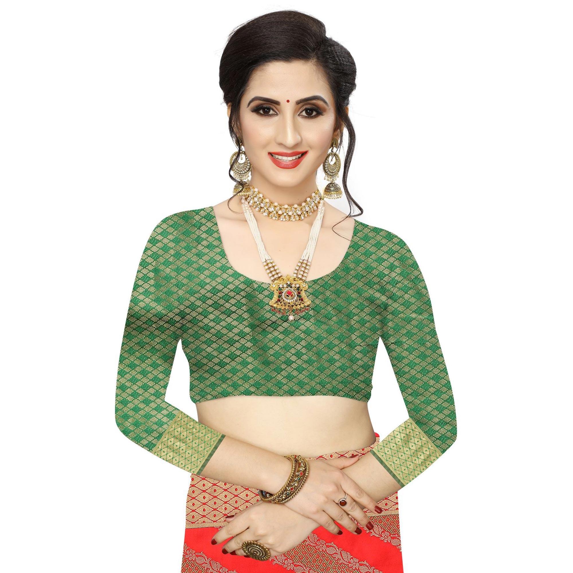 Elegant Red Colored Festive Wear Woven Kanjivaram Silk Saree - Peachmode