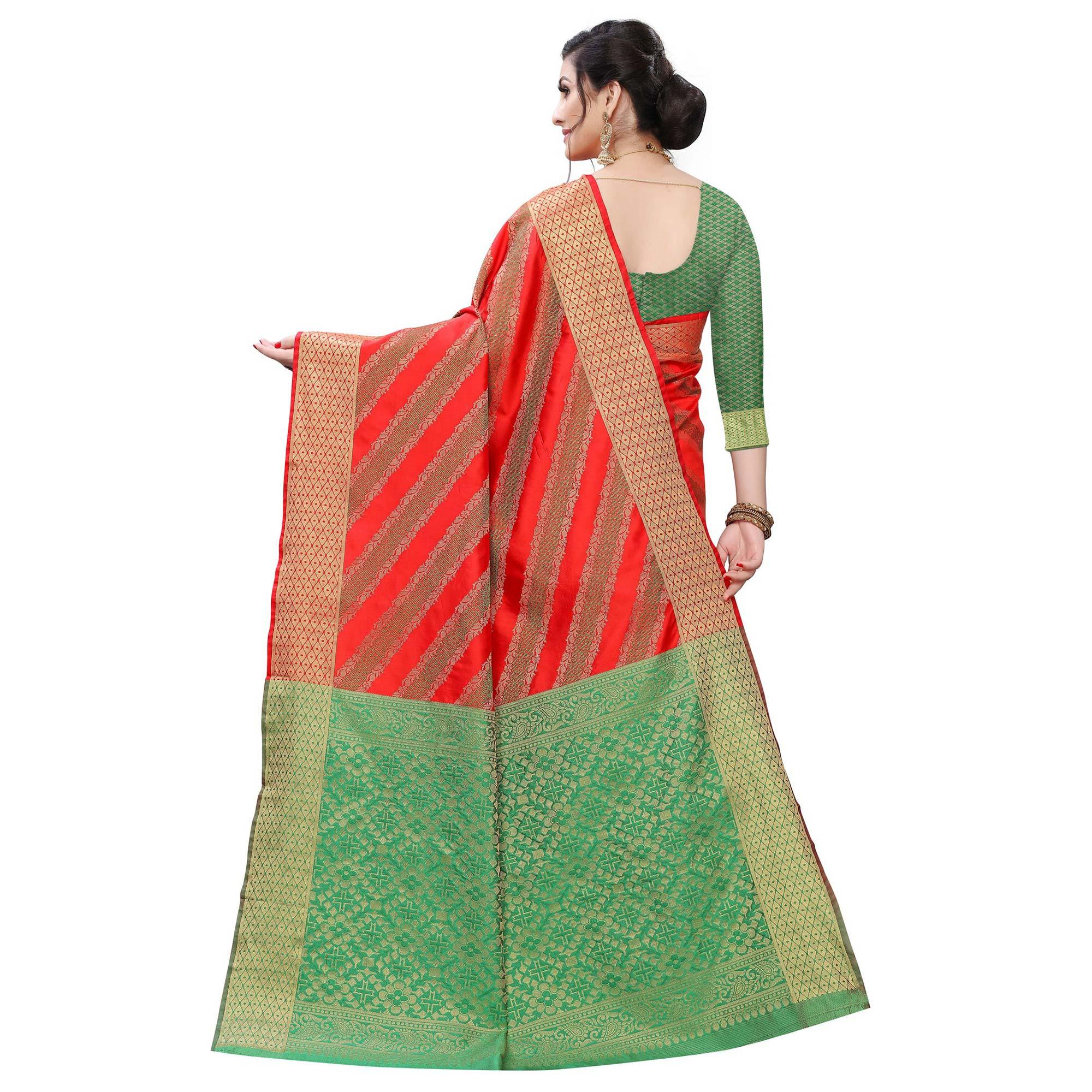 Elegant Red Colored Festive Wear Woven Kanjivaram Silk Saree - Peachmode