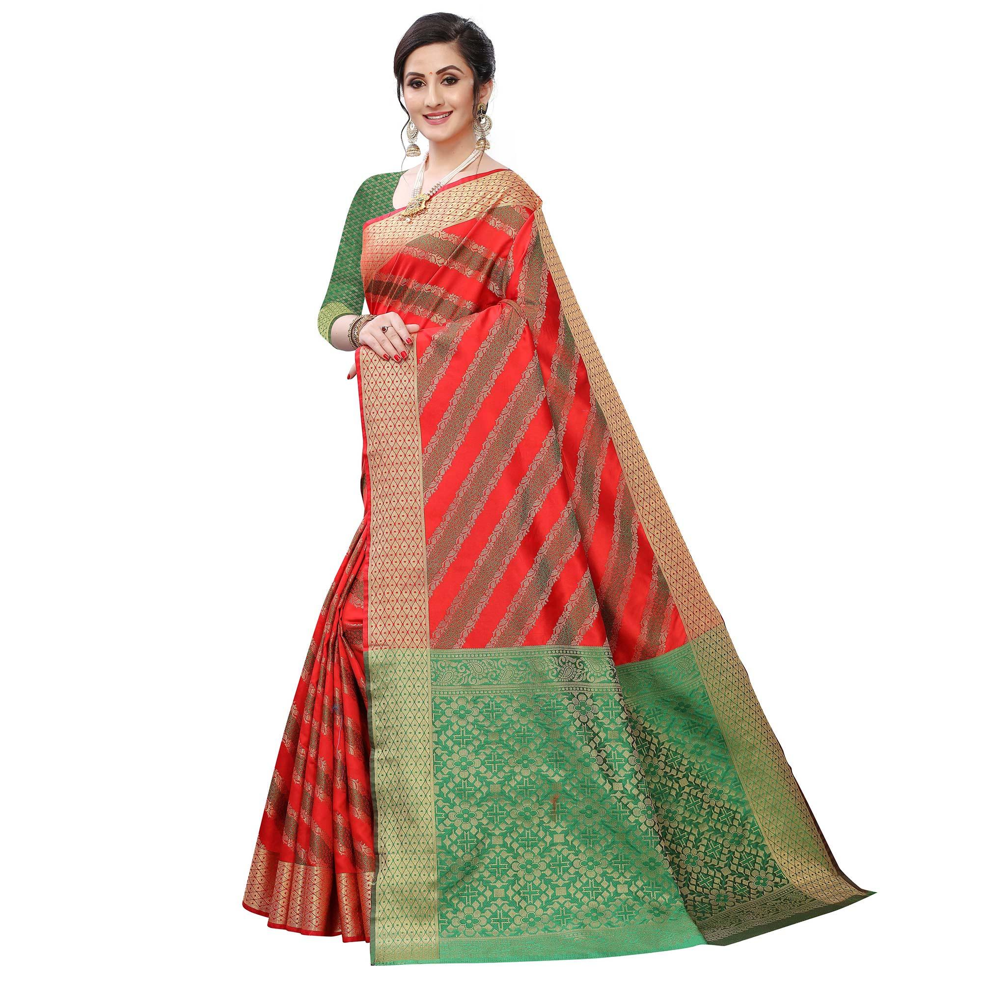 Elegant Red Colored Festive Wear Woven Kanjivaram Silk Saree - Peachmode