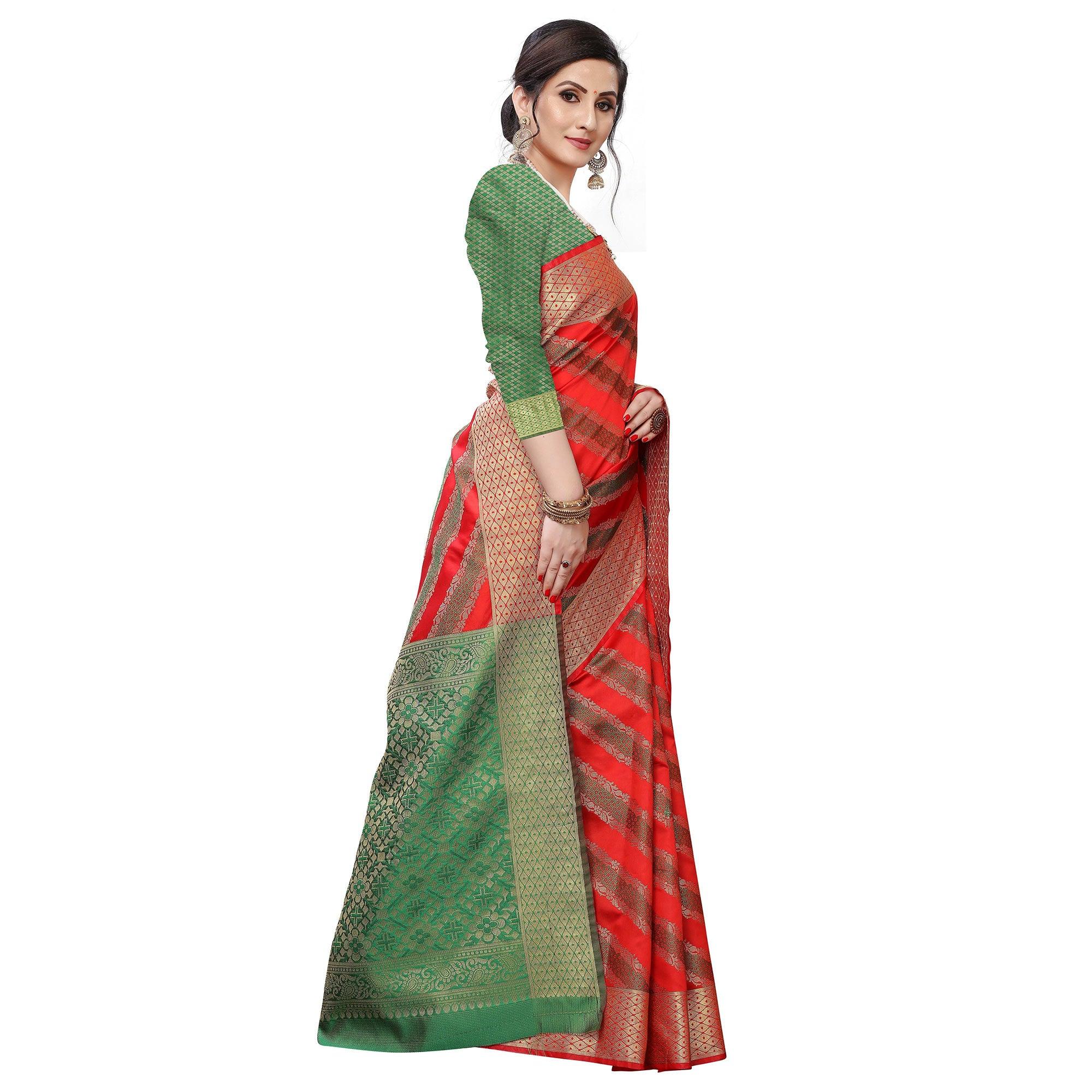 Elegant Red Colored Festive Wear Woven Kanjivaram Silk Saree - Peachmode