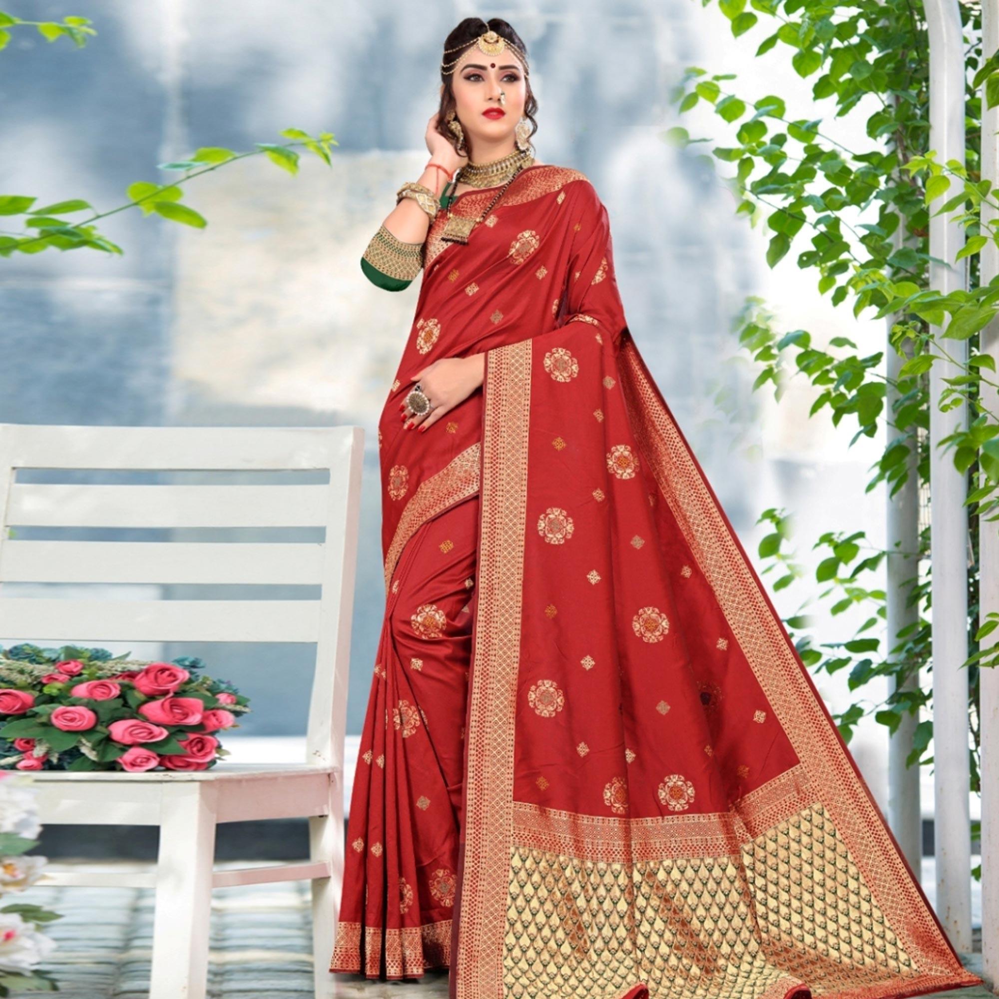 Elegant Red Colored Festive Wear Woven Lichi Silk Saree - Peachmode
