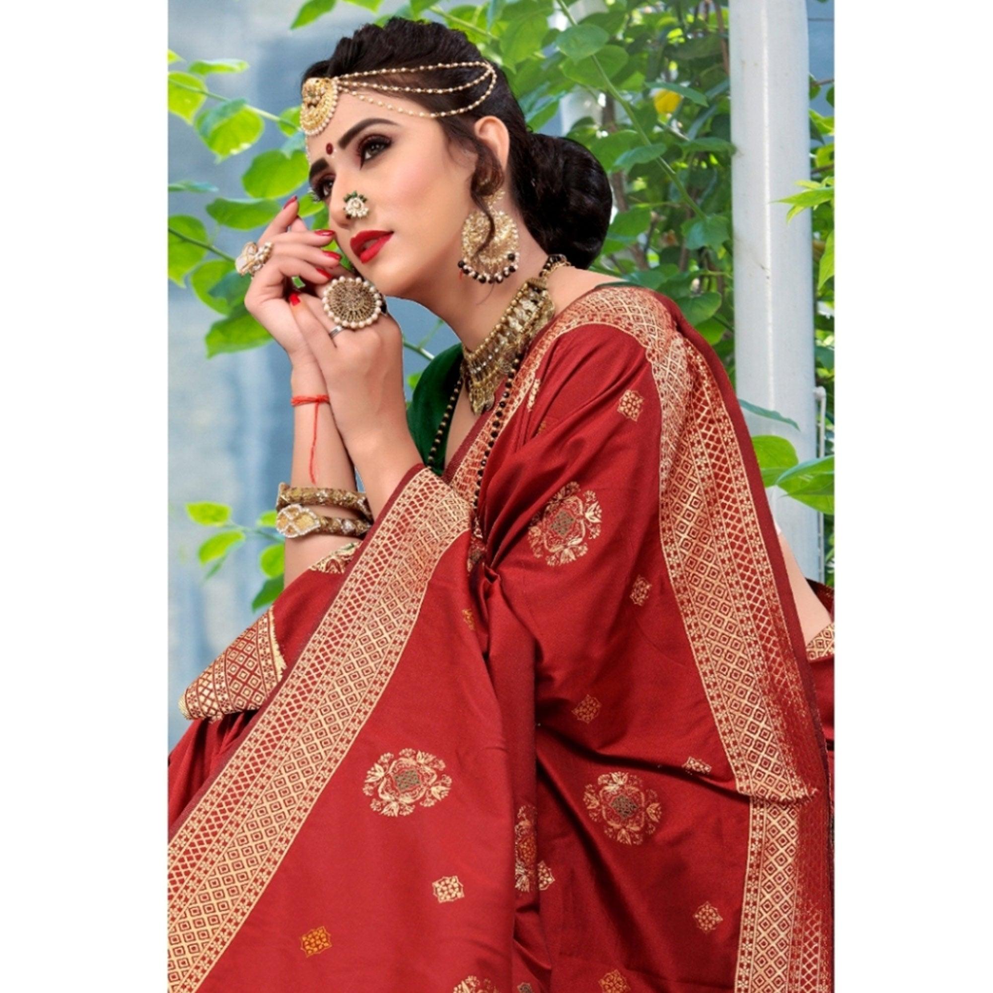 Elegant Red Colored Festive Wear Woven Lichi Silk Saree - Peachmode