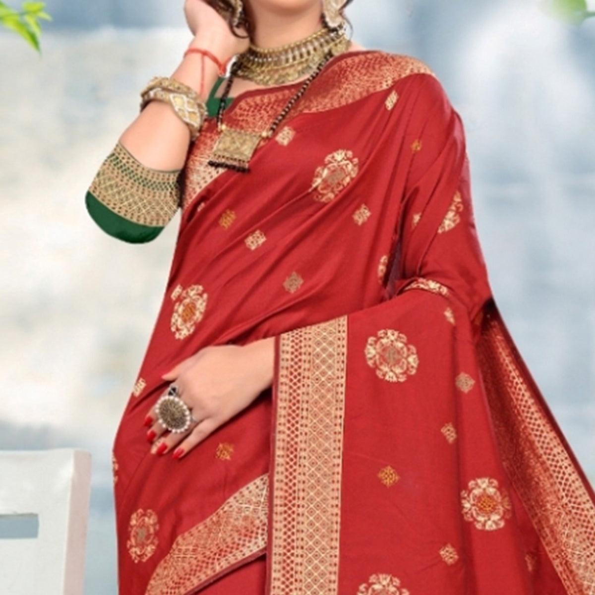 Elegant Red Colored Festive Wear Woven Lichi Silk Saree - Peachmode