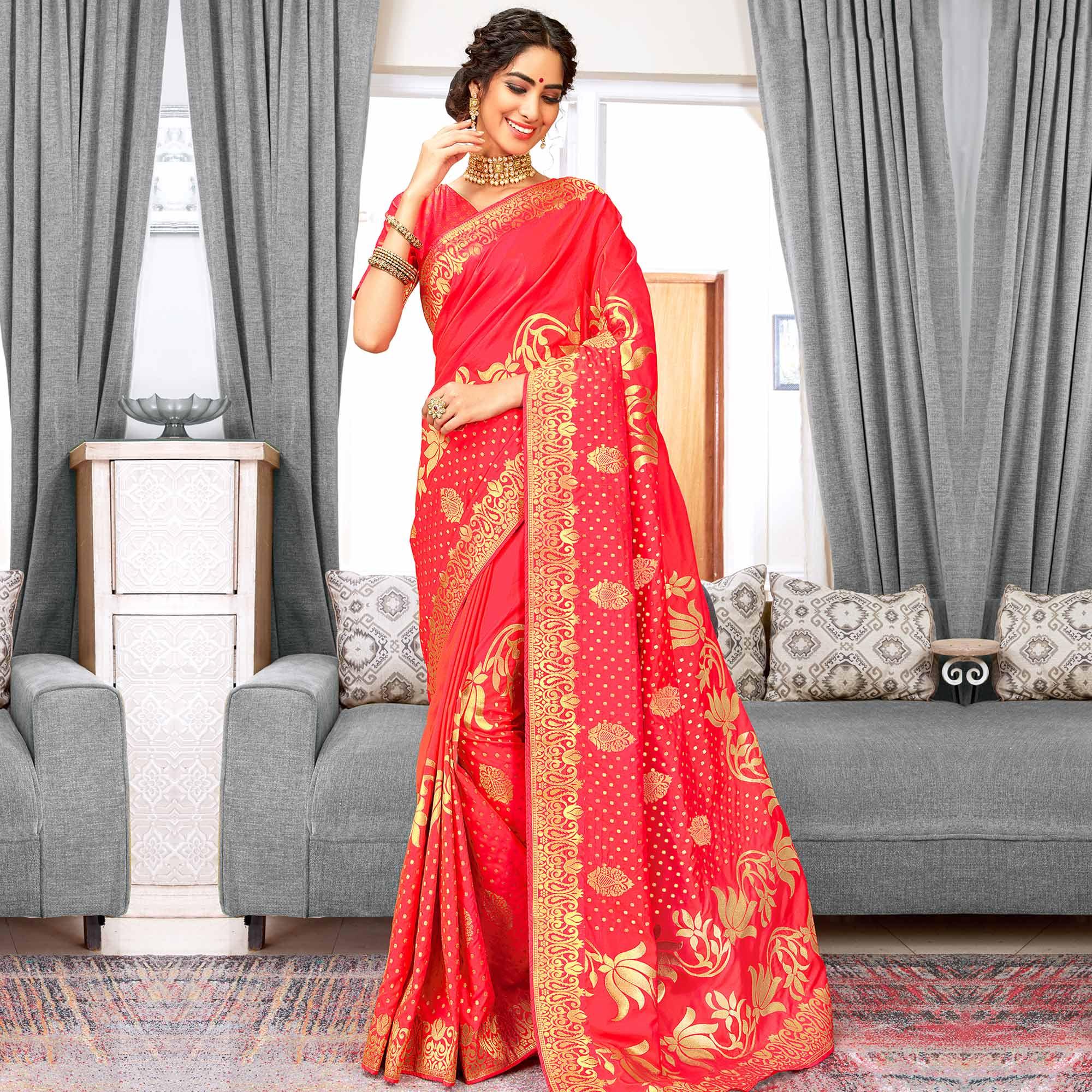 Elegant Red Colored Festive Wear Woven Silk Saree - Peachmode