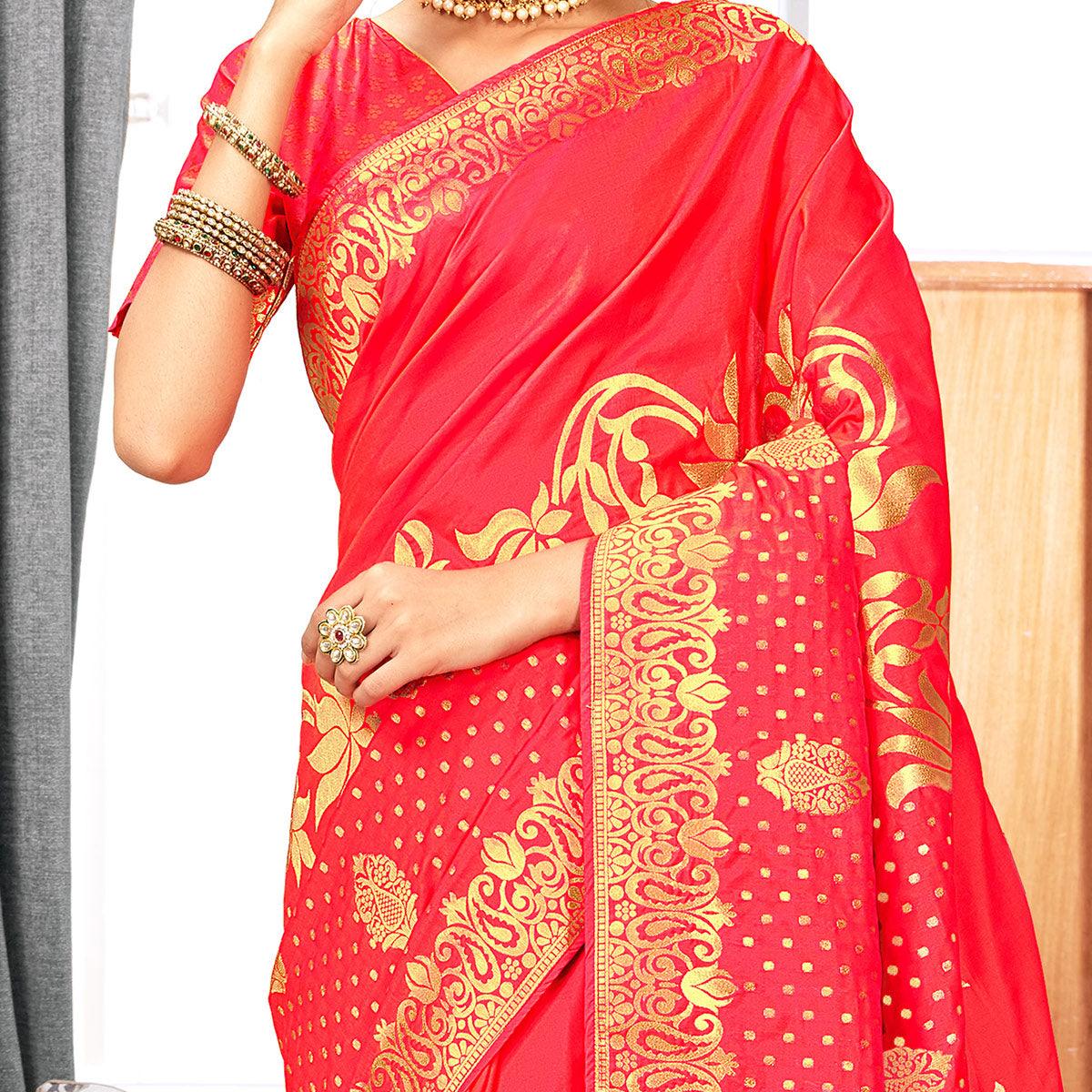 Elegant Red Colored Festive Wear Woven Silk Saree - Peachmode
