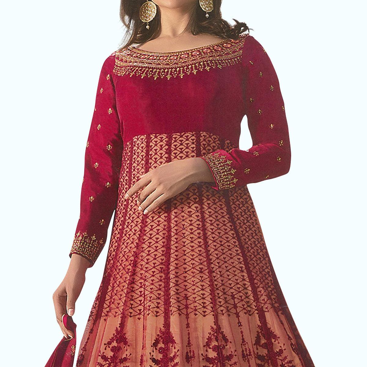 Elegant Red Colored Party Wear Embroidered Georgette Anarkali Suit - Peachmode