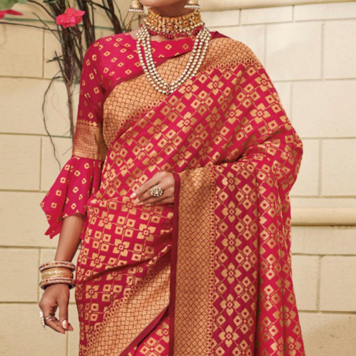 Elegant Reddish Pink Colored Festive Wear Woven Soft Silk Saree - Peachmode