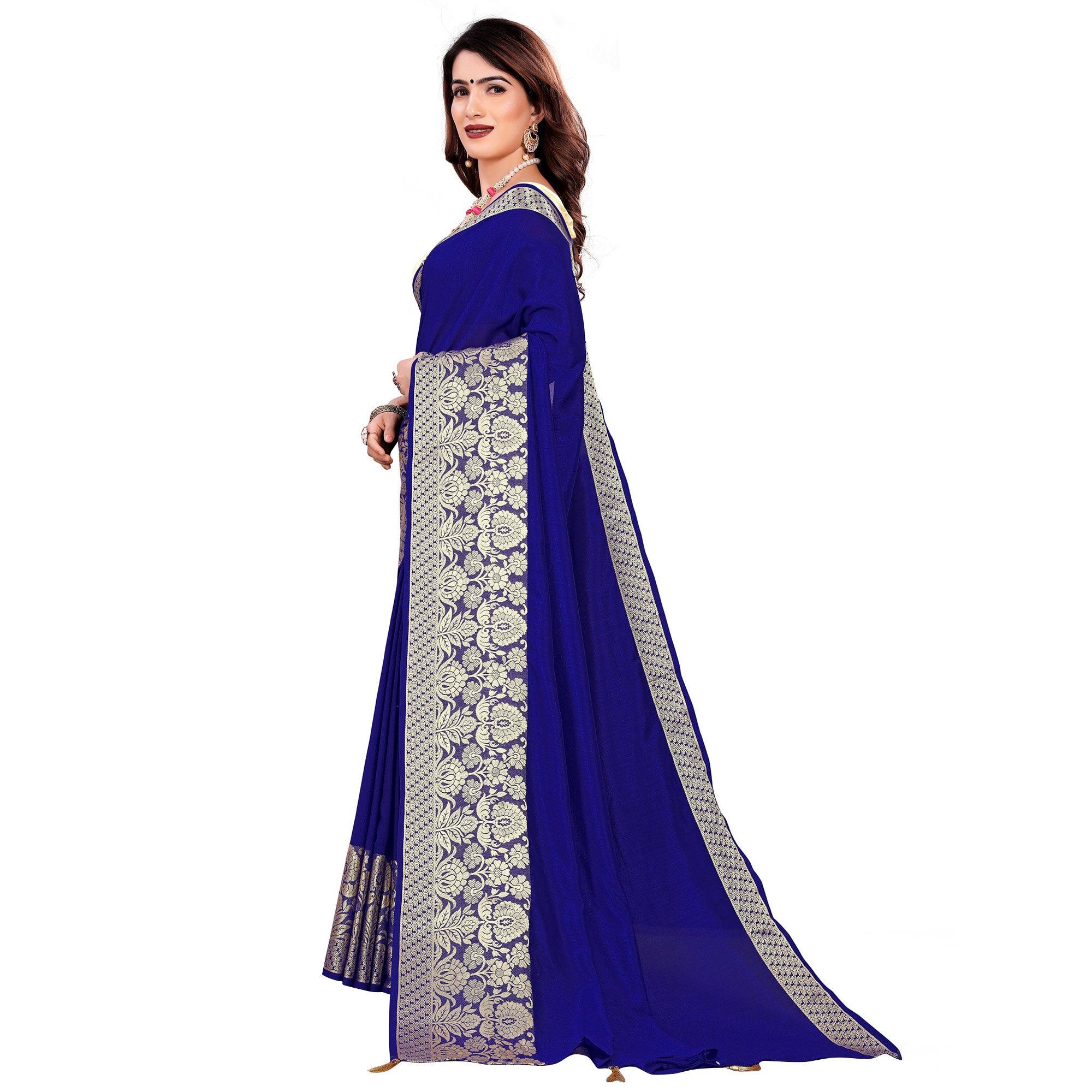Elegant Royal Blue Colored Festive Wear Woven Art Silk Saree With Tassels - Peachmode