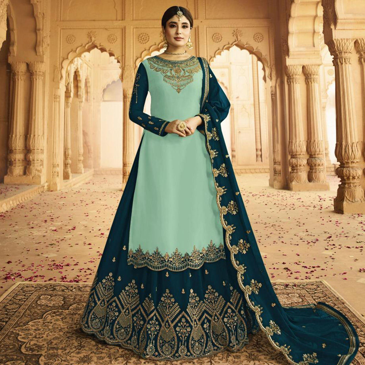 Elegant Sky Blue Colored Partywear Embroidered Georgette Satin