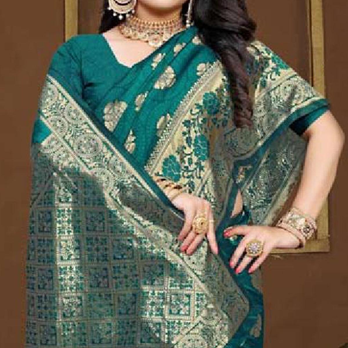 Elegant Turquoise Green Colored Festive Wear Woven Art Silk Saree - Peachmode