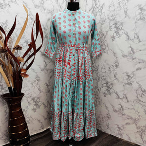 Elegant Turquoise Green Colored Partywear Printed Anarkali Style Cotton Silk Long Kurti - Peachmode