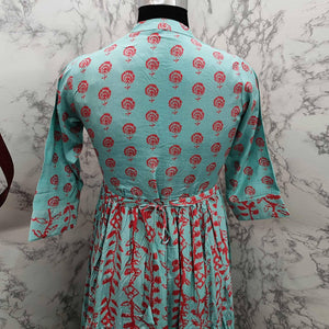 Elegant Turquoise Green Colored Partywear Printed Anarkali Style Cotton Silk Long Kurti - Peachmode