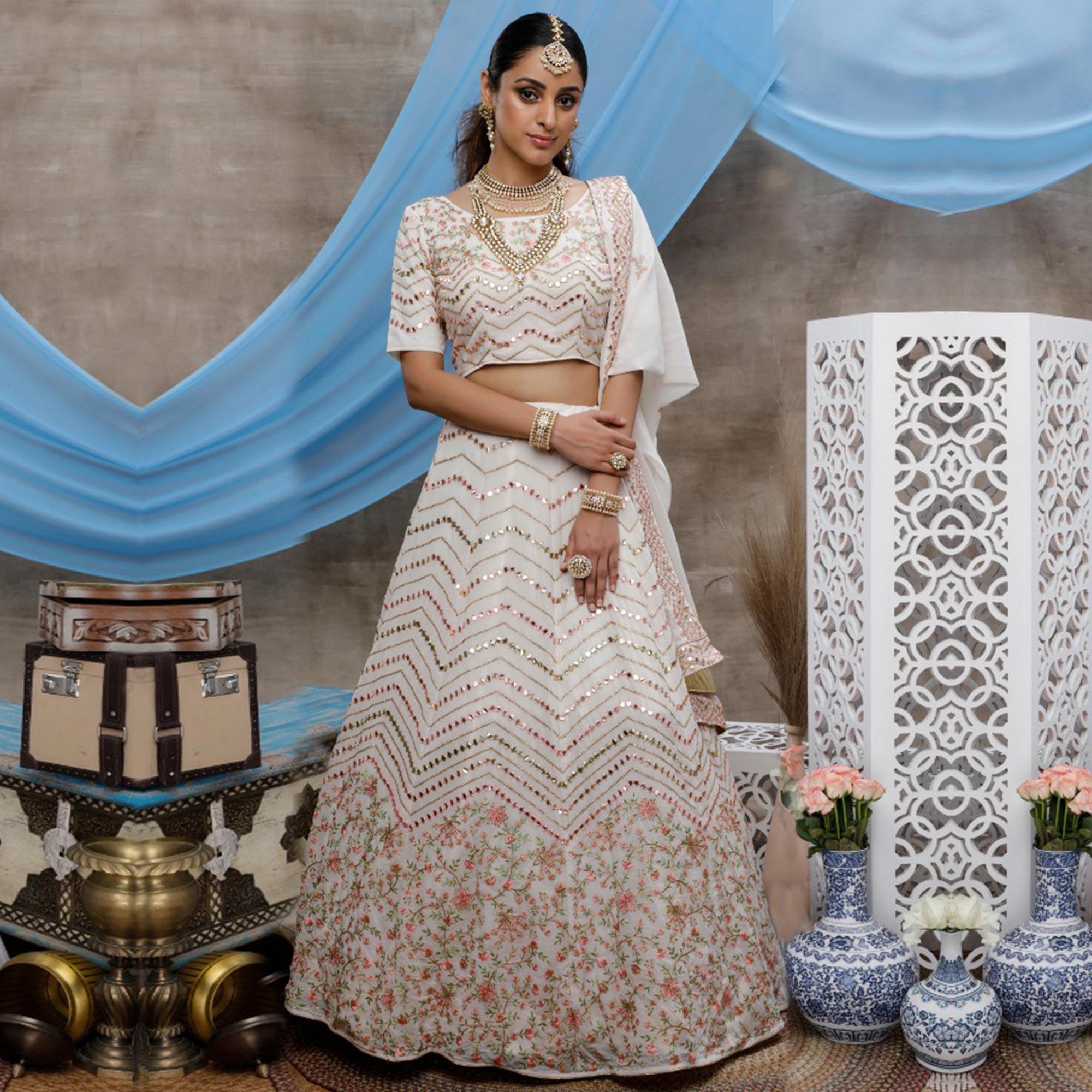 Elegant White Colored Party Wear Embroidered Georgette Lehenga Choli - Peachmode