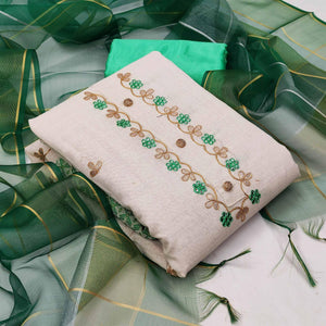 Elegant White - Green Colored Casual Embroidered Modal Chanderi Jacquard Dress Material - Peachmode