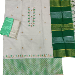 Elegant White - Green Colored Casual Embroidered Modal Chanderi Jacquard Dress Material - Peachmode