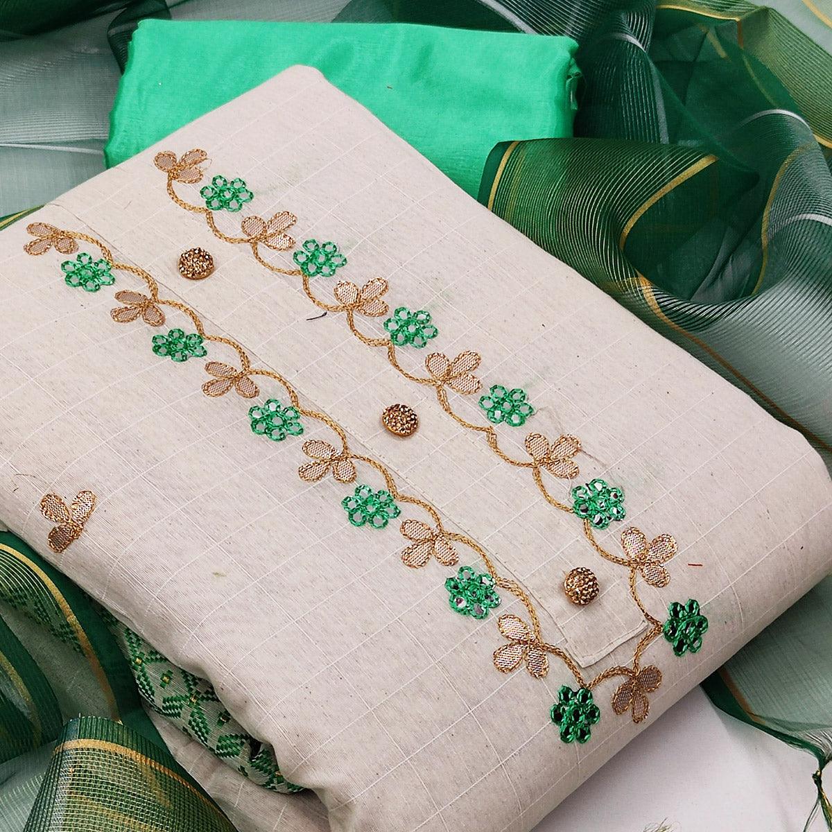 Elegant White - Green Colored Casual Embroidered Modal Chanderi Jacquard Dress Material - Peachmode