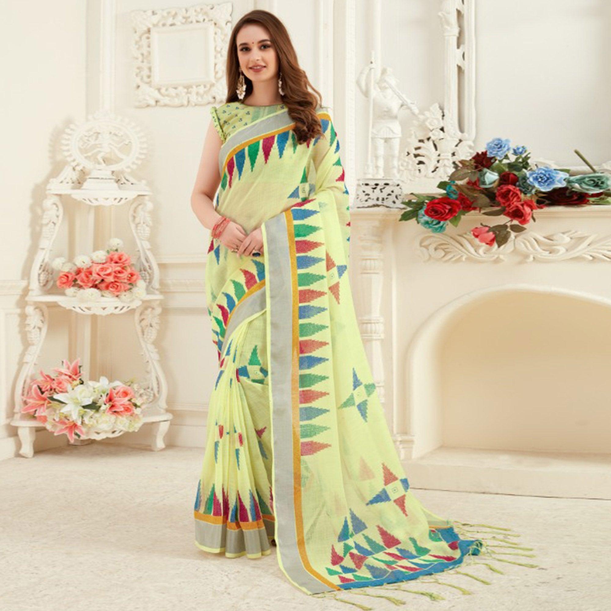Elegant Yellow Colored Casual Printed Linen Saree With Tassels - Peachmode