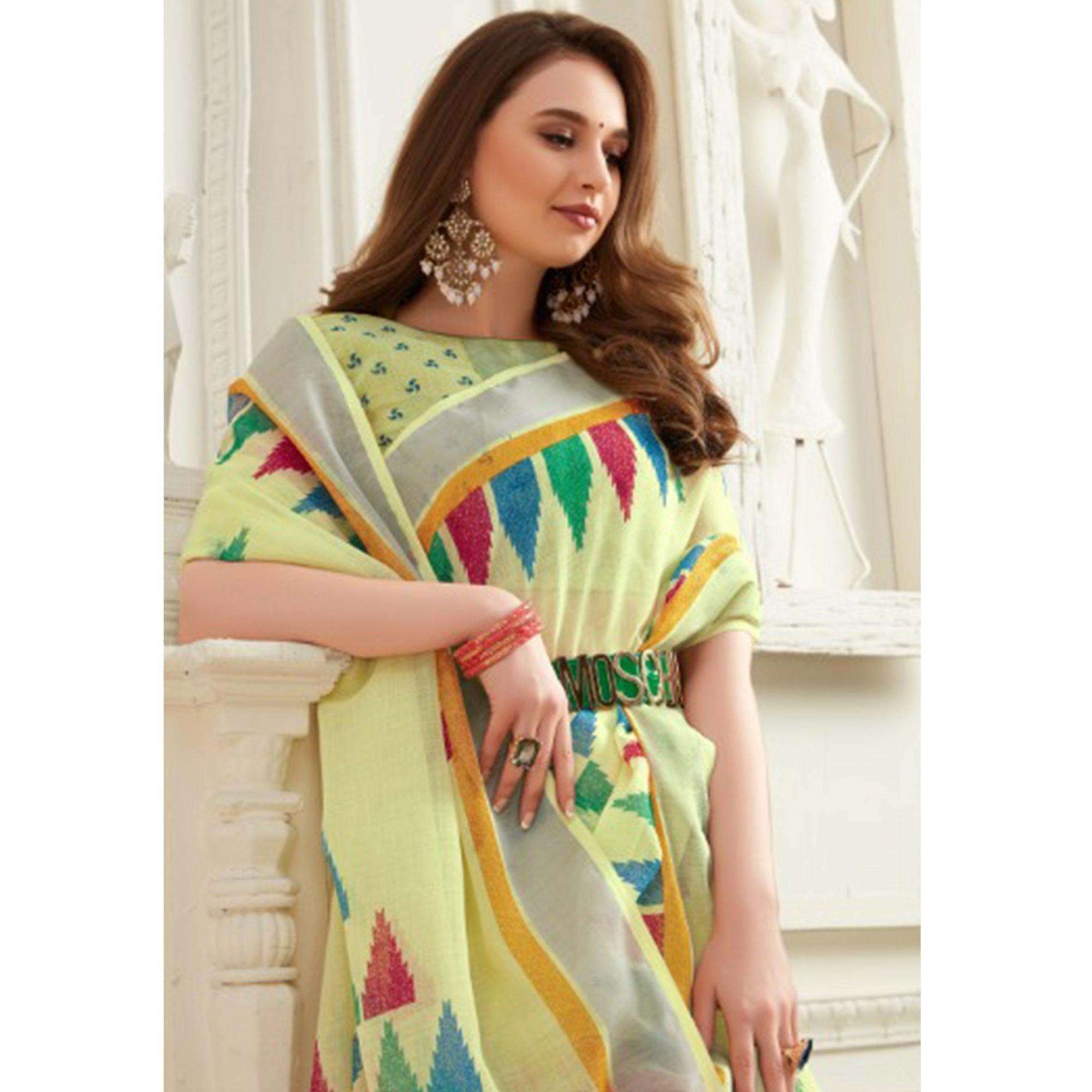 Elegant Yellow Colored Casual Printed Linen Saree With Tassels - Peachmode