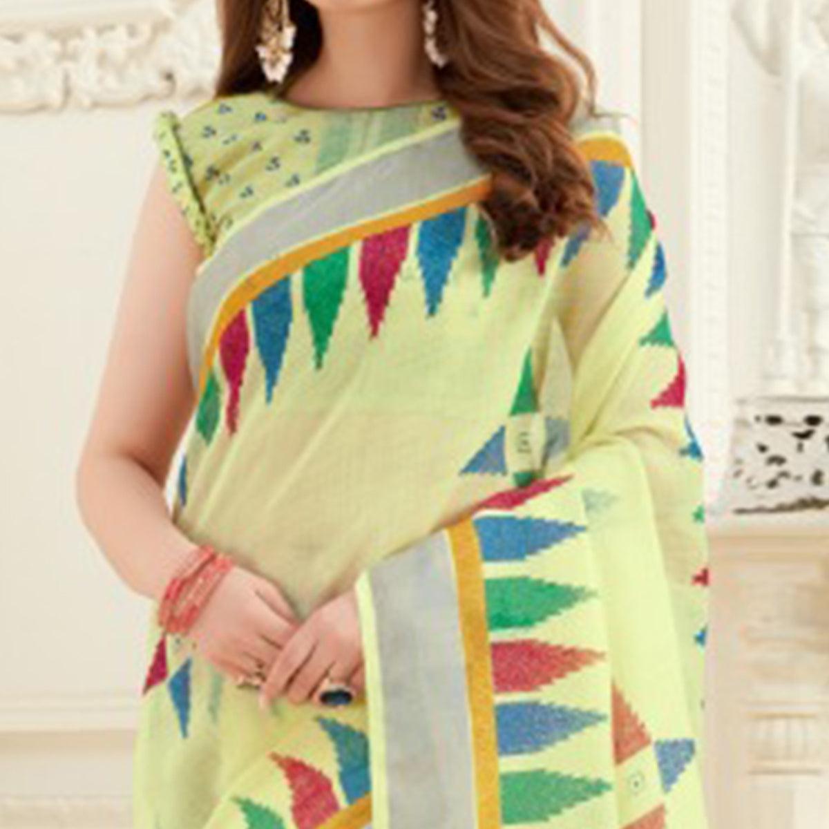 Elegant Yellow Colored Casual Printed Linen Saree With Tassels - Peachmode