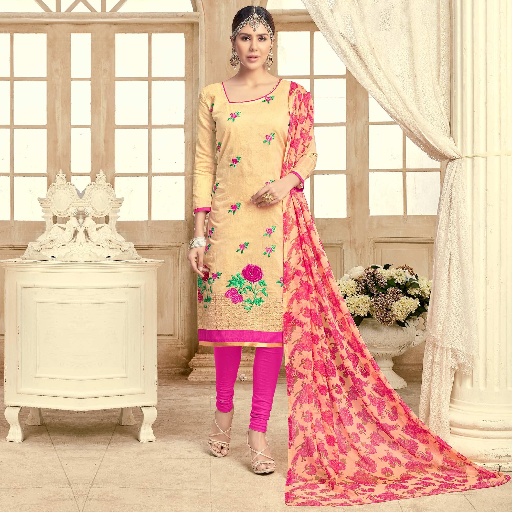 Elegant Yellow Colored Partywear Embroidered Chanderi Suit - Peachmode