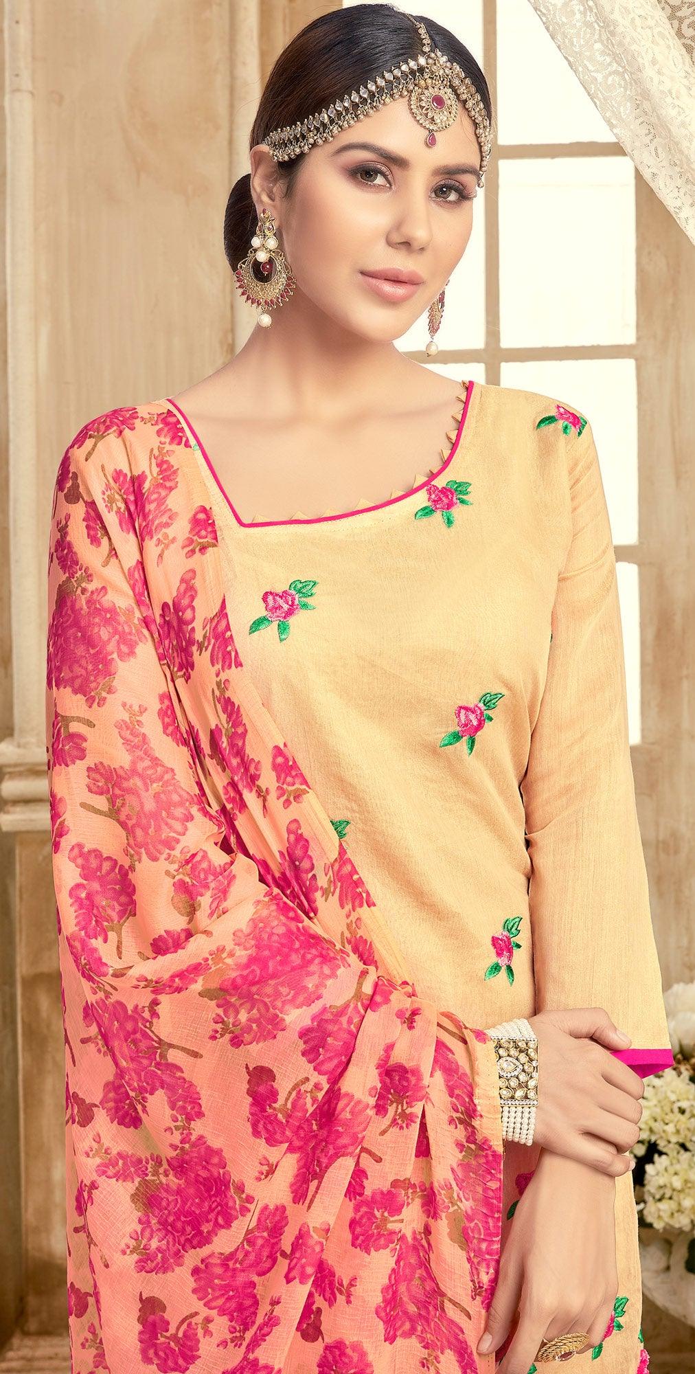 Elegant Yellow Colored Partywear Embroidered Chanderi Suit - Peachmode