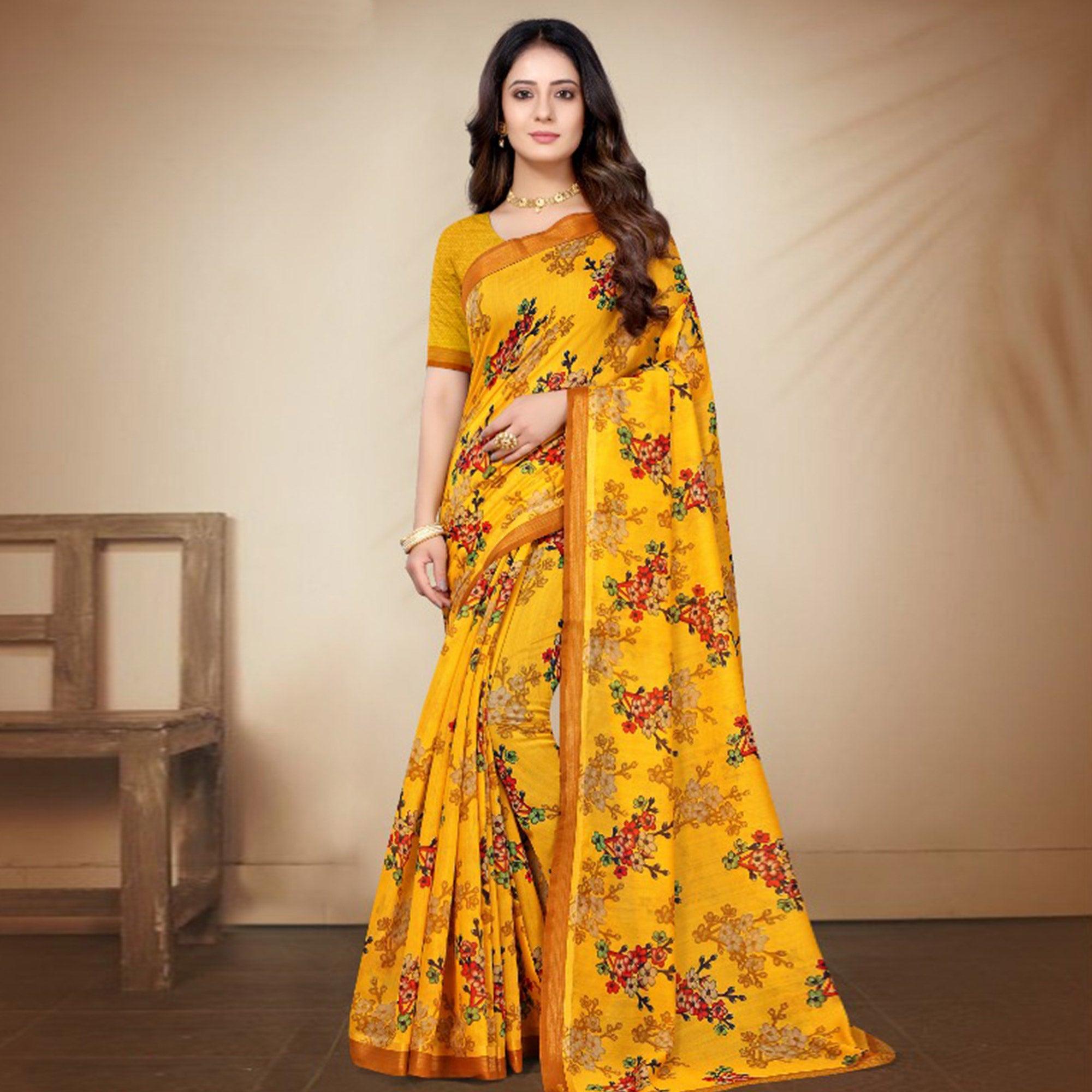 Elegant Yellow Coloured Casual Wear Printed Cotton Silk Saree - Peachmode