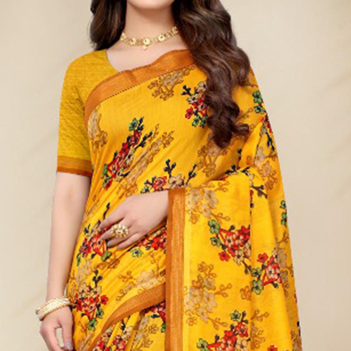 Elegant Yellow Coloured Casual Wear Printed Cotton Silk Saree - Peachmode