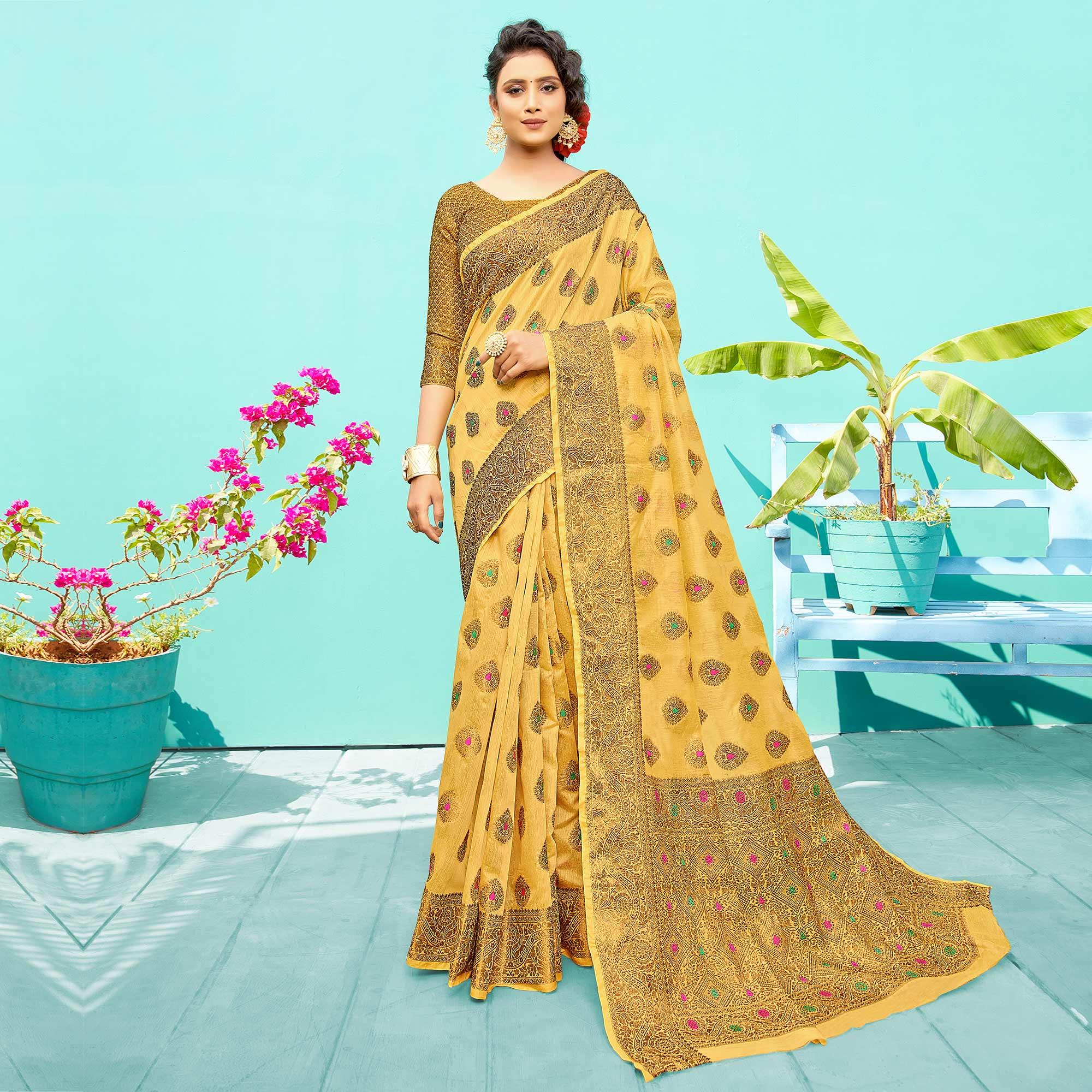 Elegant Yellow Festive Wear Woven Designer Silk Saree - Peachmode