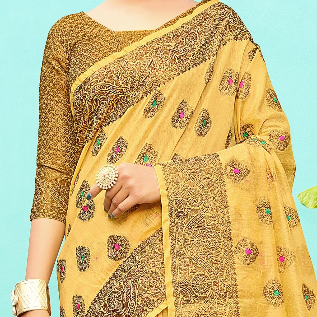 Elegant Yellow Festive Wear Woven Designer Silk Saree - Peachmode