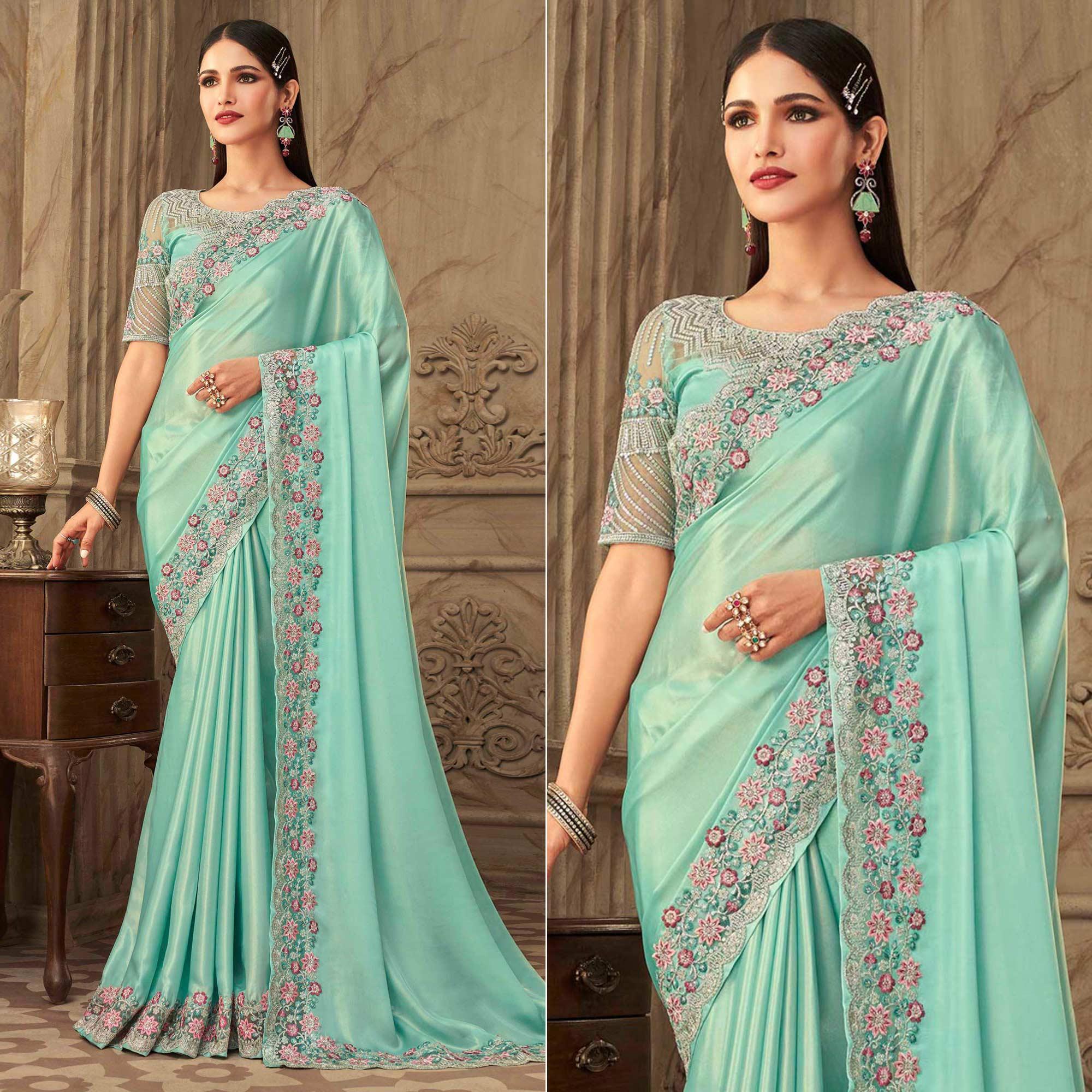 Embroidered  Silk Saree Turquoise Partywear Sequence - Peachmode