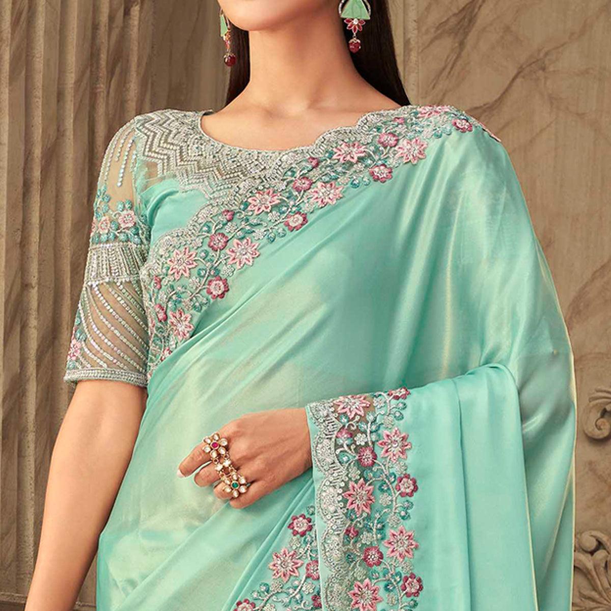Embroidered  Silk Saree Turquoise Partywear Sequence - Peachmode