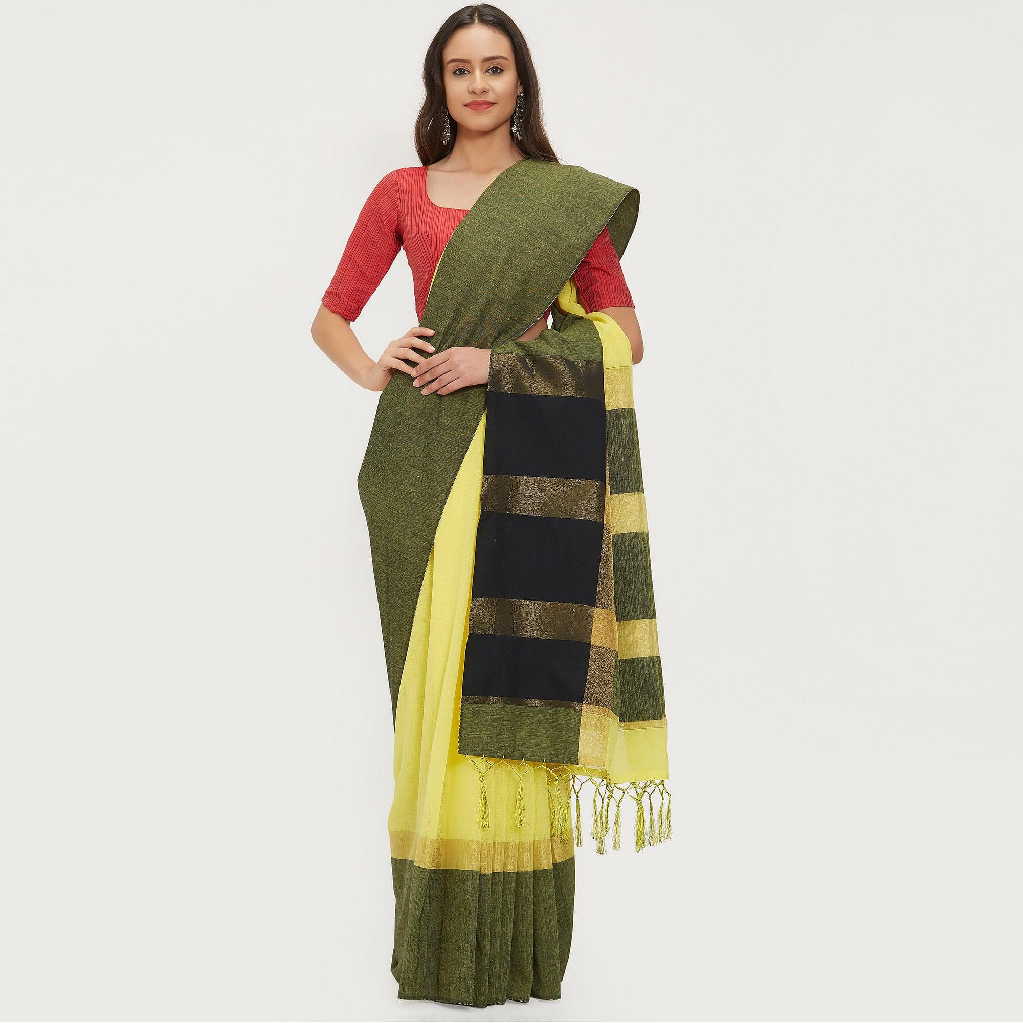 Enchanting Yellow Colored Casual Wear Linen Saree With 2 Blouse Pieces - Peachmode