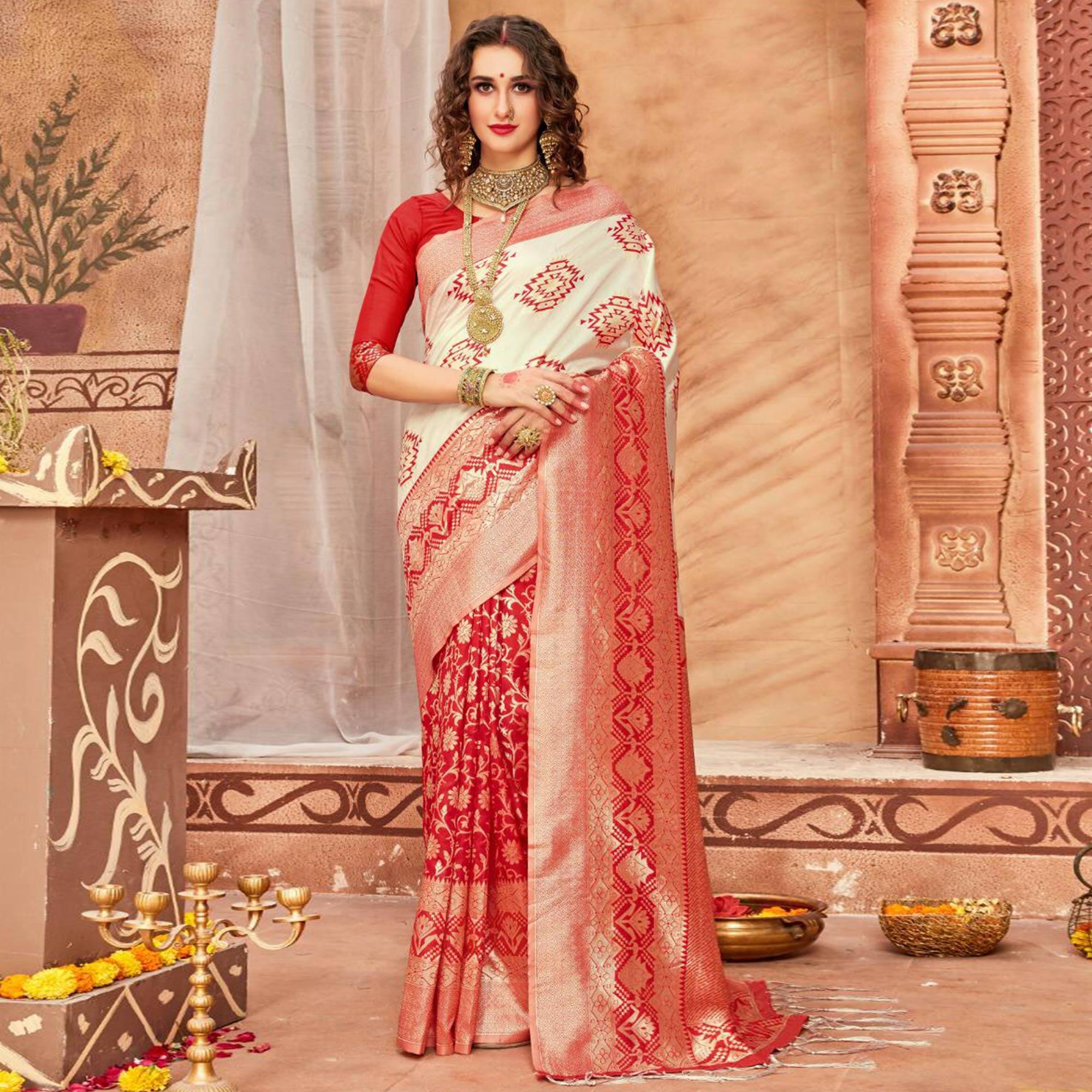 Energeti Cream & Red Colored Festive Wear Woven Silk Blend Saree With Tassels - Peachmode