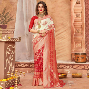 Energeti Cream & Red Colored Festive Wear Woven Silk Blend Saree With Tassels - Peachmode