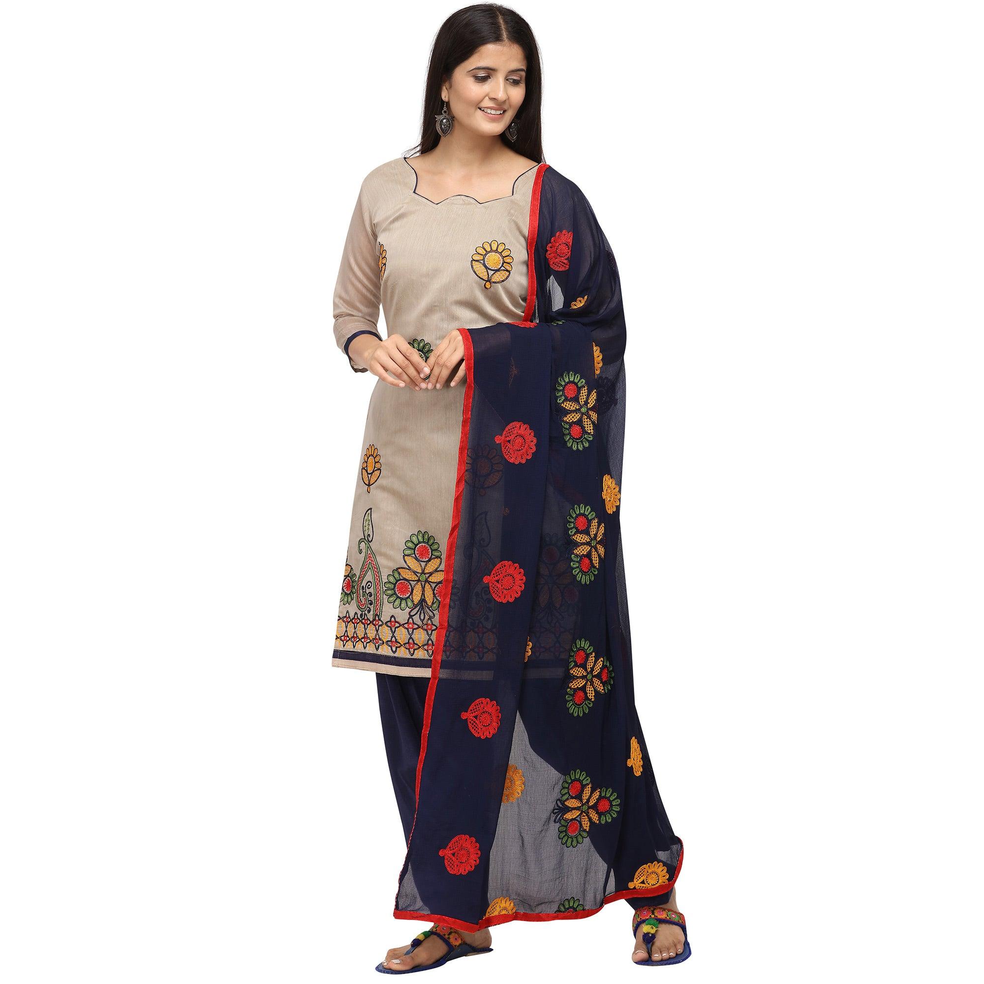 Energetic Beige Colored Casual Wear Embroidered Chanderi Dress Material - Peachmode