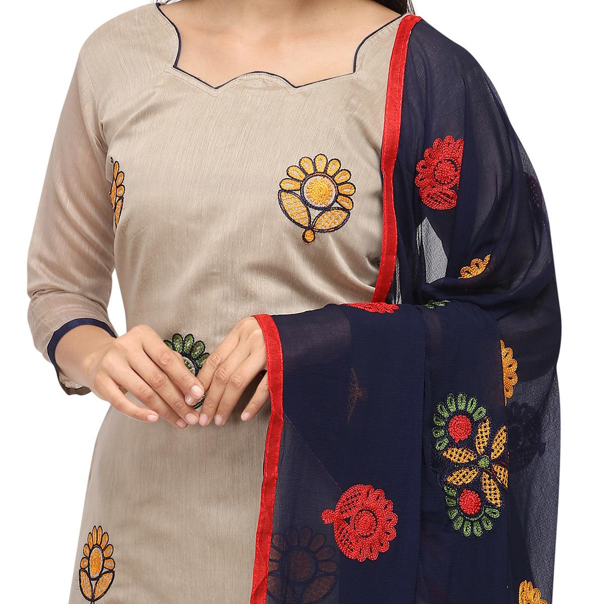 Energetic Beige Colored Casual Wear Embroidered Chanderi Dress Material - Peachmode