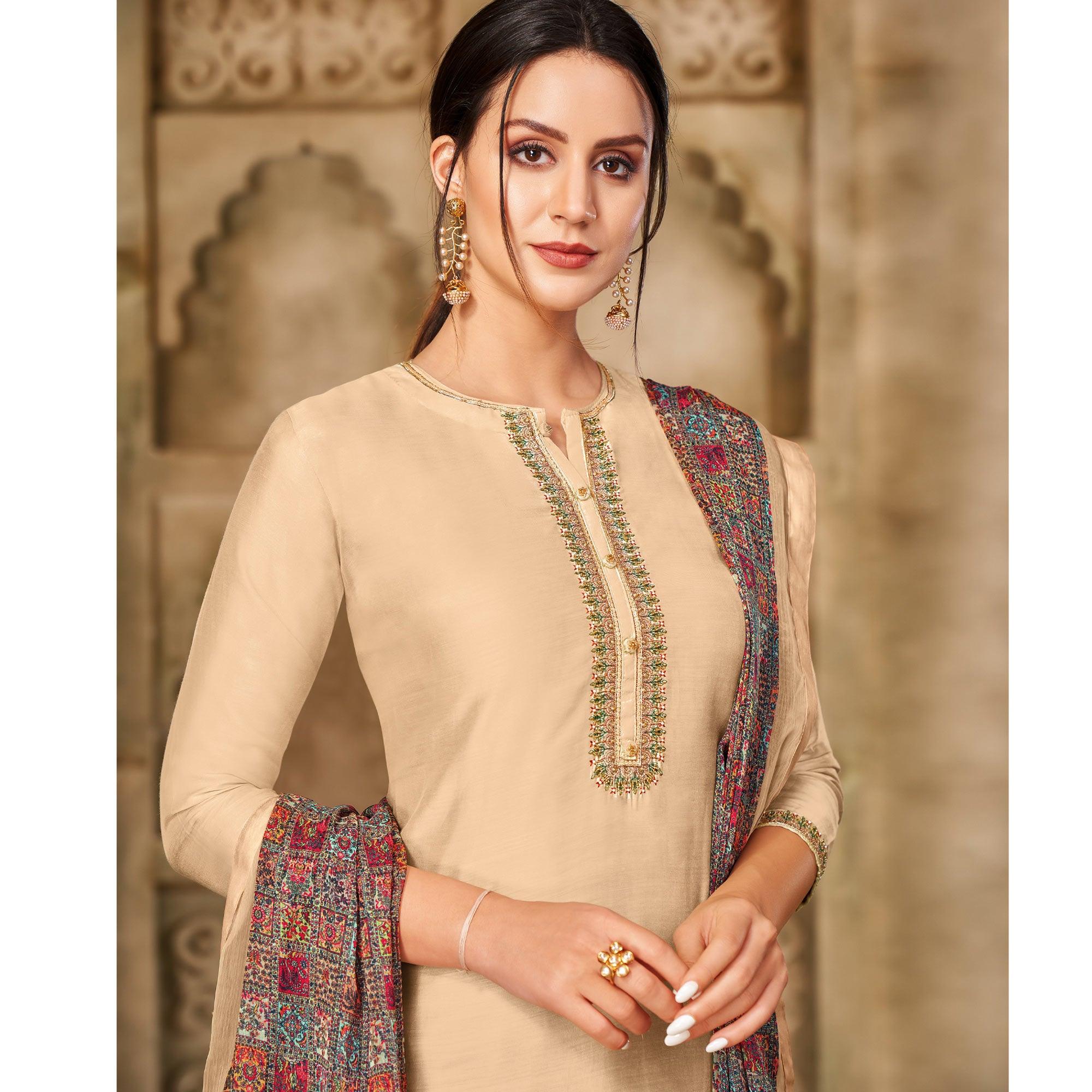 Energetic Beige Colored Casual Wear Embroidered Chanderi Dress Material - Peachmode