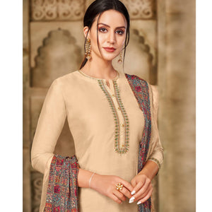 Energetic Beige Colored Casual Wear Embroidered Chanderi Dress Material - Peachmode