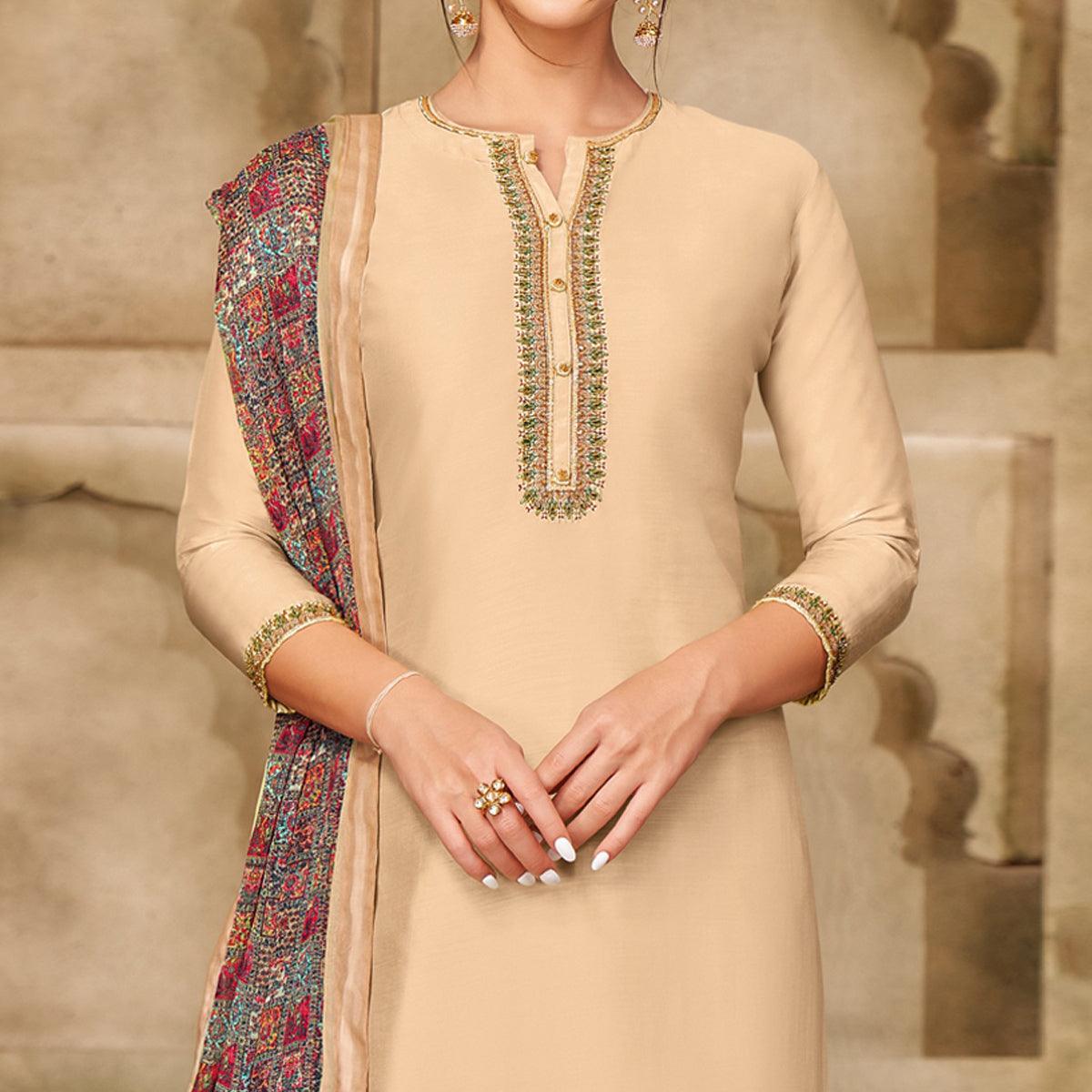 Energetic Beige Colored Casual Wear Embroidered Chanderi Dress Material - Peachmode