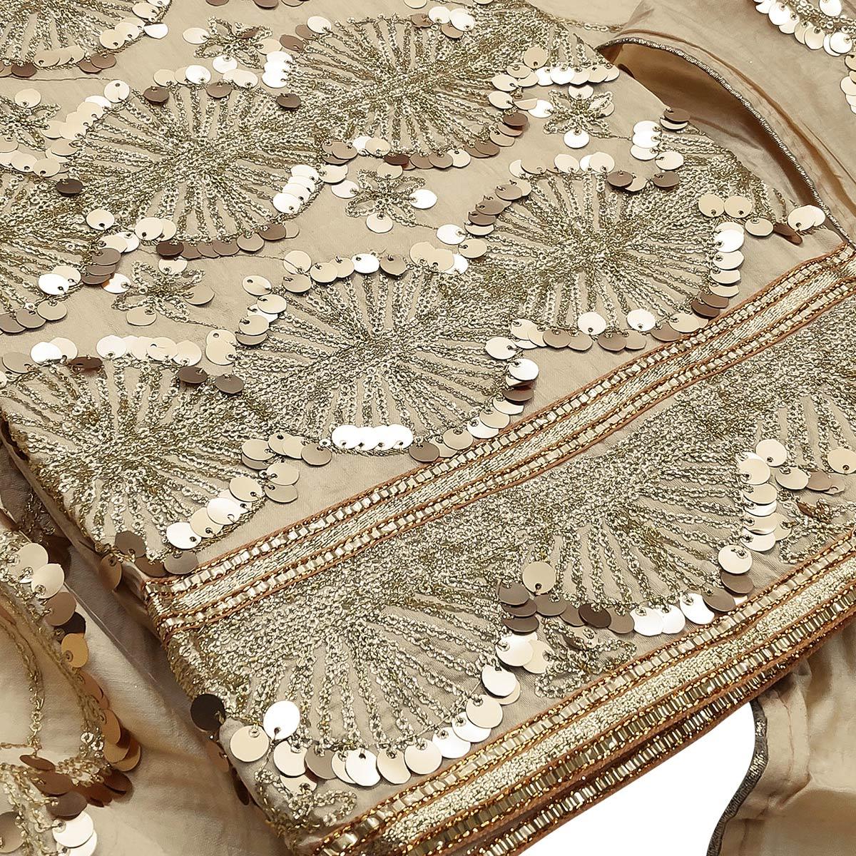 Energetic Beige Colored Festive Wear Embroidered Modal Silk Dress Material - Peachmode