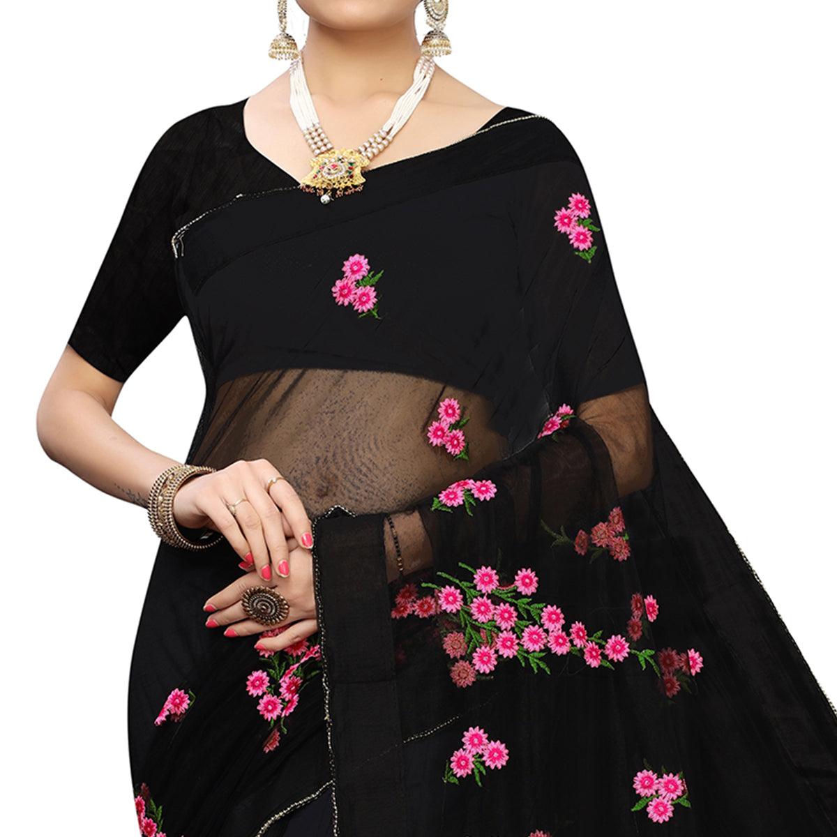 Energetic Black Colored  Embroidered Net Saree - Peachmode