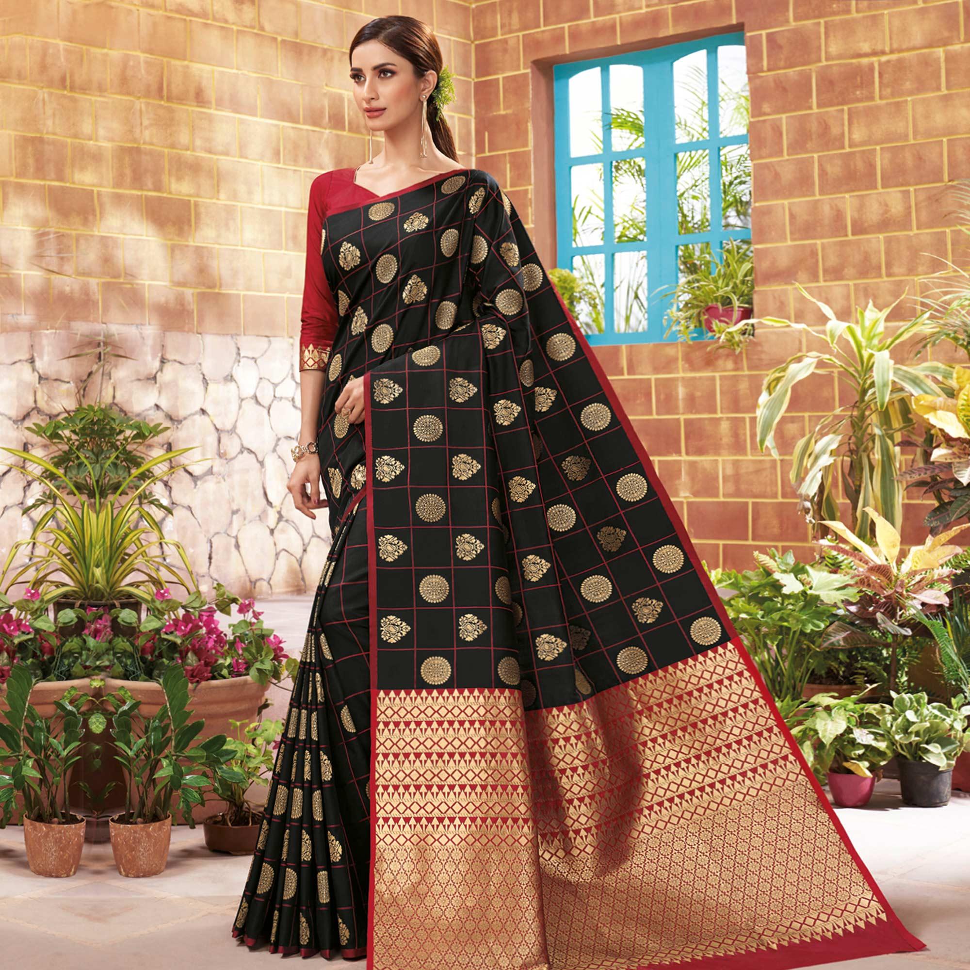 Energetic Black Colored Festive Wear Woven Silk Saree - Peachmode
