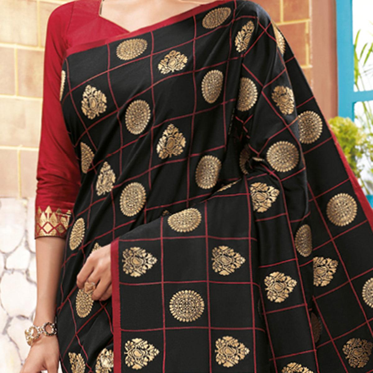 Energetic Black Colored Festive Wear Woven Silk Saree - Peachmode