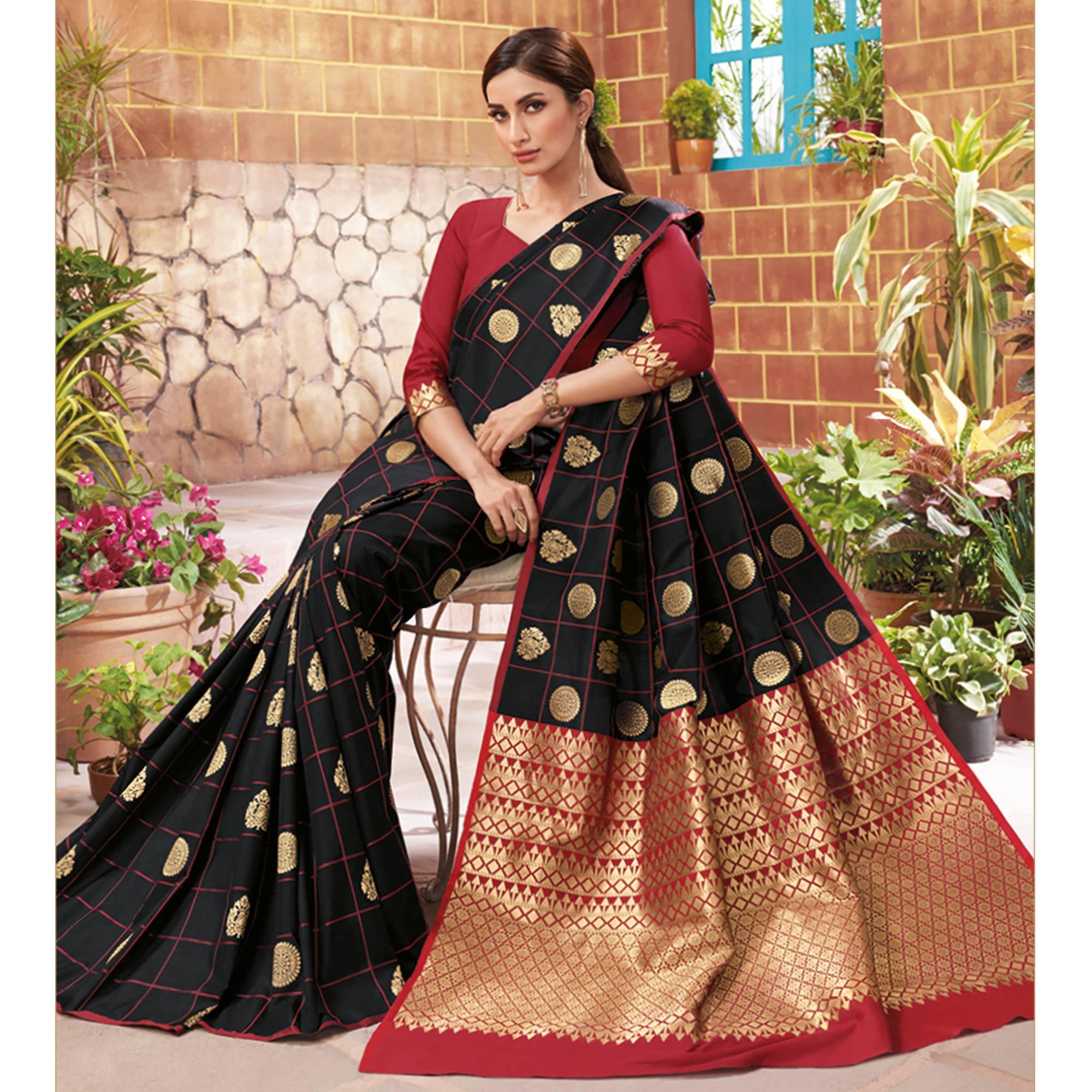 Energetic Black Colored Festive Wear Woven Silk Saree - Peachmode