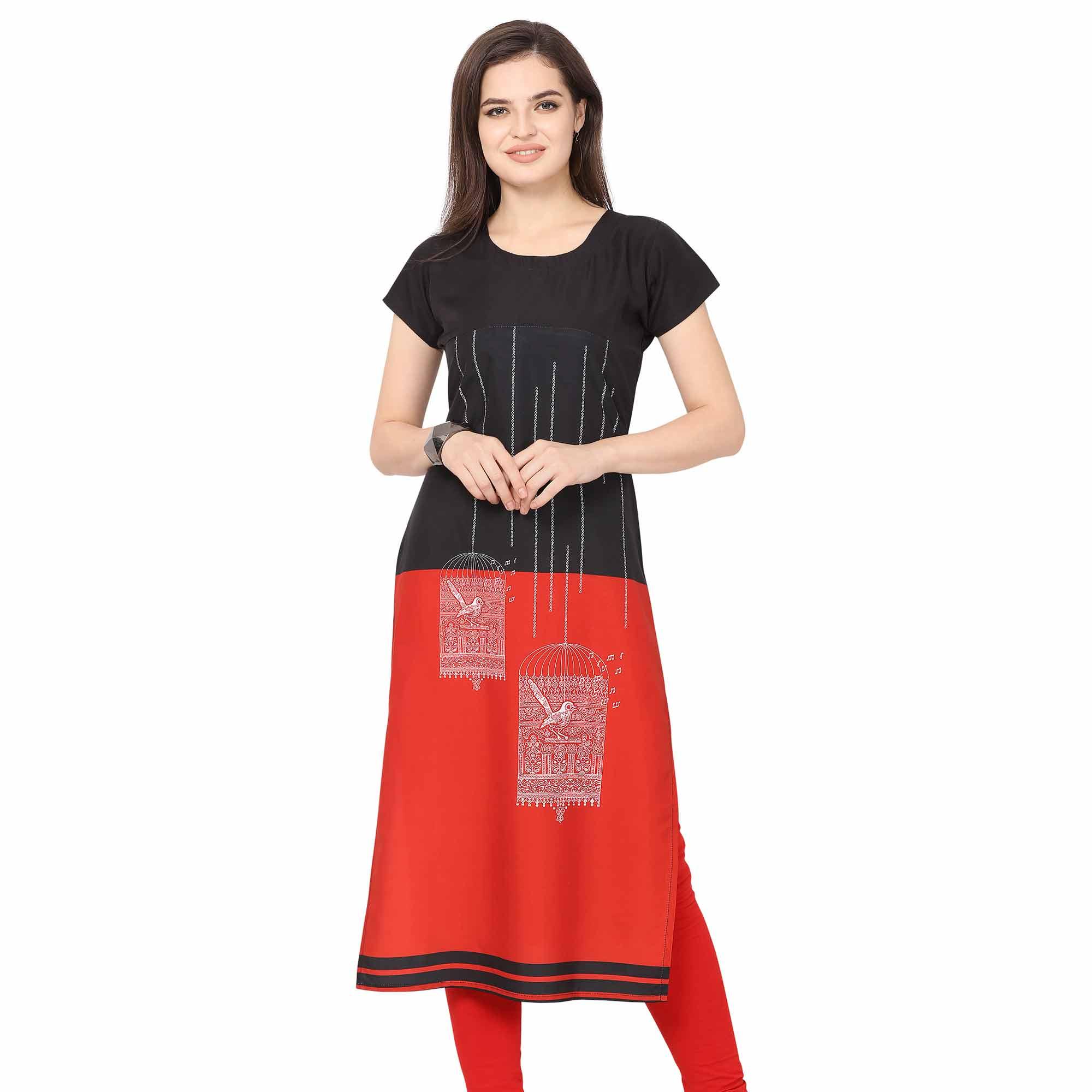 Energetic Black-Red Colored Casual Printed Crepe Kurti - Peachmode
