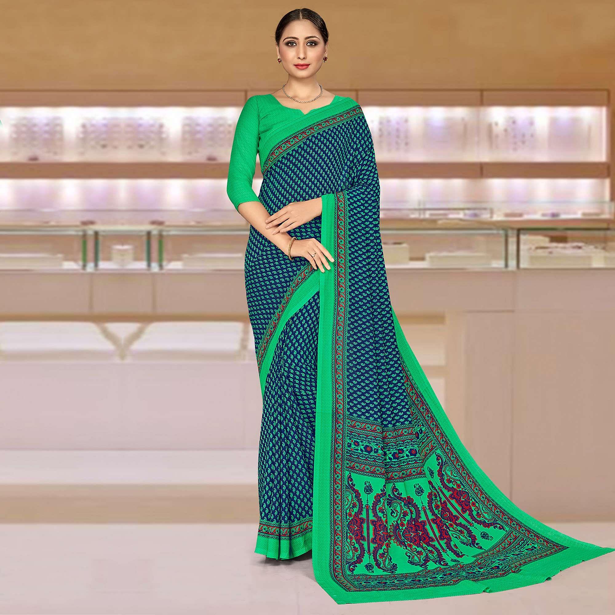 Energetic Blue & Turquoise Coloured Casual Wear Printed Crepe Saree - Peachmode