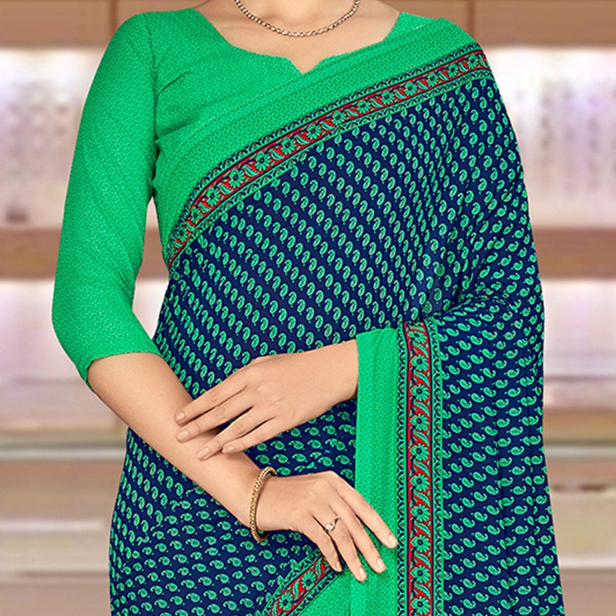 Energetic Blue & Turquoise Coloured Casual Wear Printed Crepe Saree - Peachmode