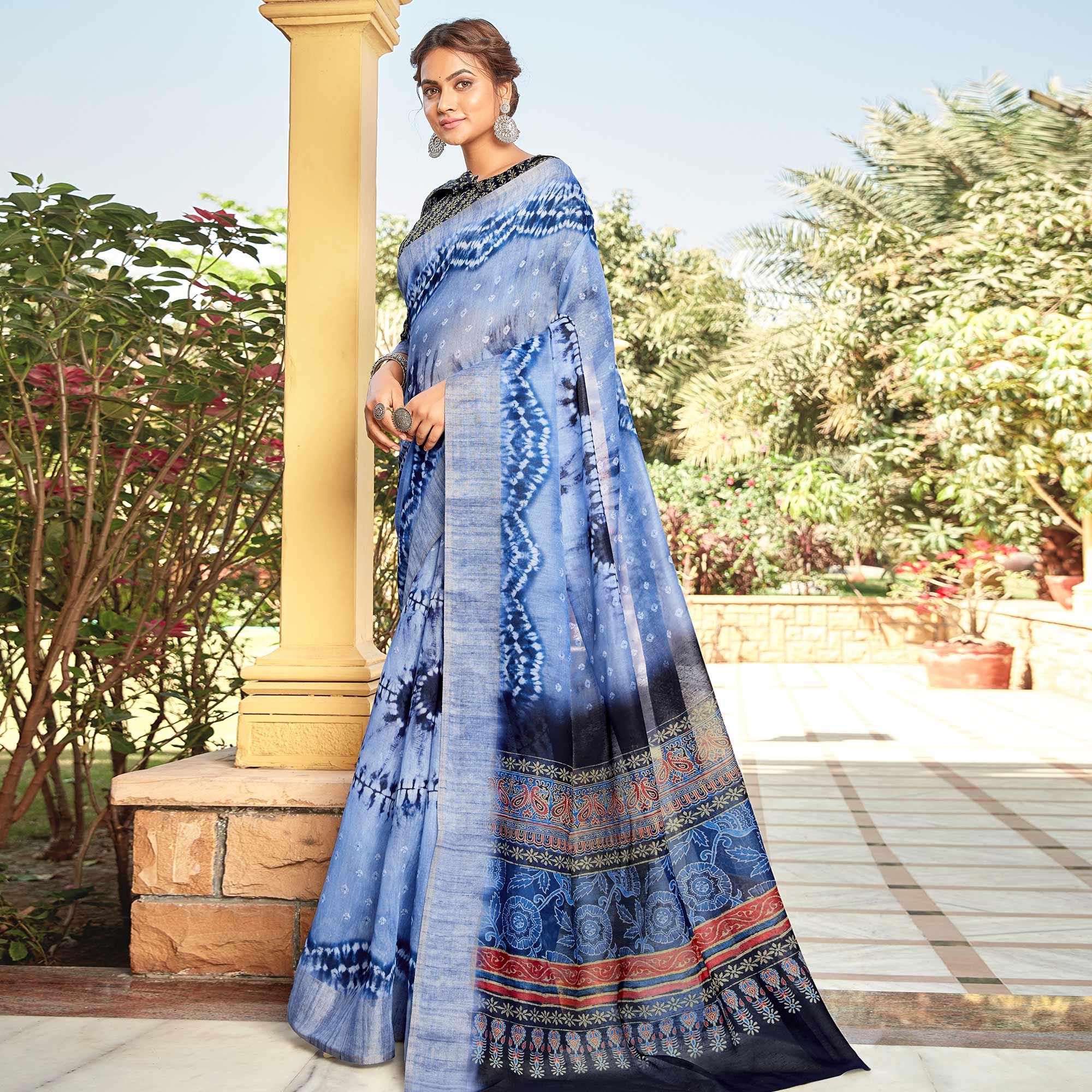Energetic Blue Colored Digital Printed Festive Wear Linen Designer Saree - Peachmode